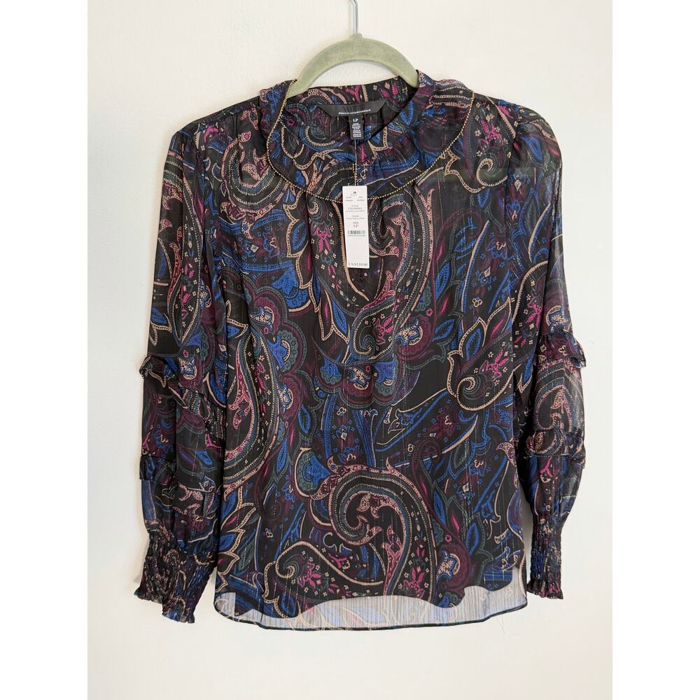White House Black Market Jacquard Ruffle Sleeve Chiffon Blouse NWT size LP - Picture 3 of 9